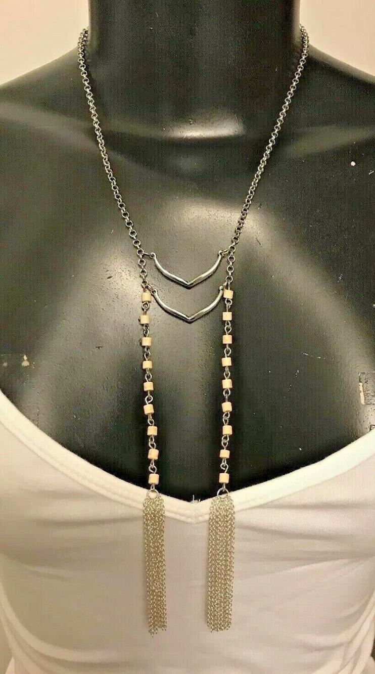 Charming Charlie Silvertone Boho Style Tassel Necklace Lobster Closure 16-18"